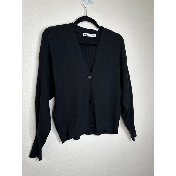 Zara Black Ribbed V-Neck Front Button Long Sleeve Cardigan Sweater S - Picture 3 of 9